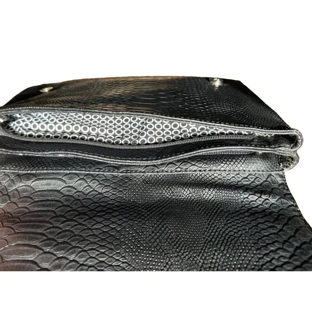 Yaumi K Black Faux Snakeskin Geometric Silver Chain Shoulder Bag 13”